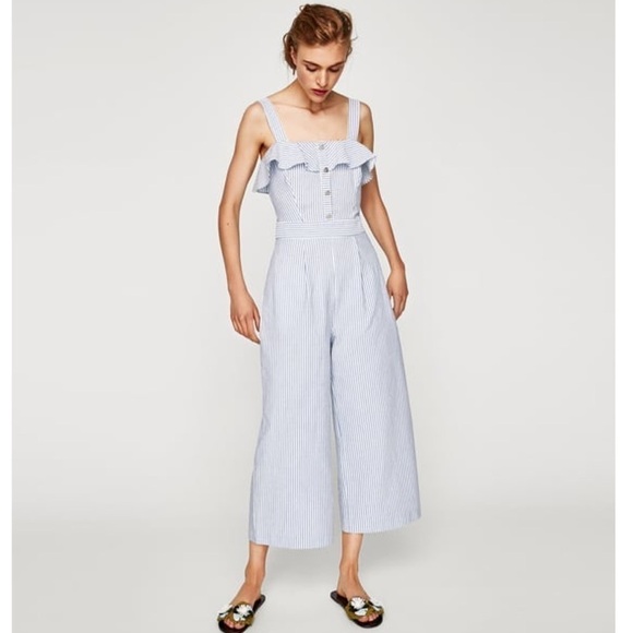 Zara blue white striped jumpsuit with ruffles size XS - Picture 2 of 16